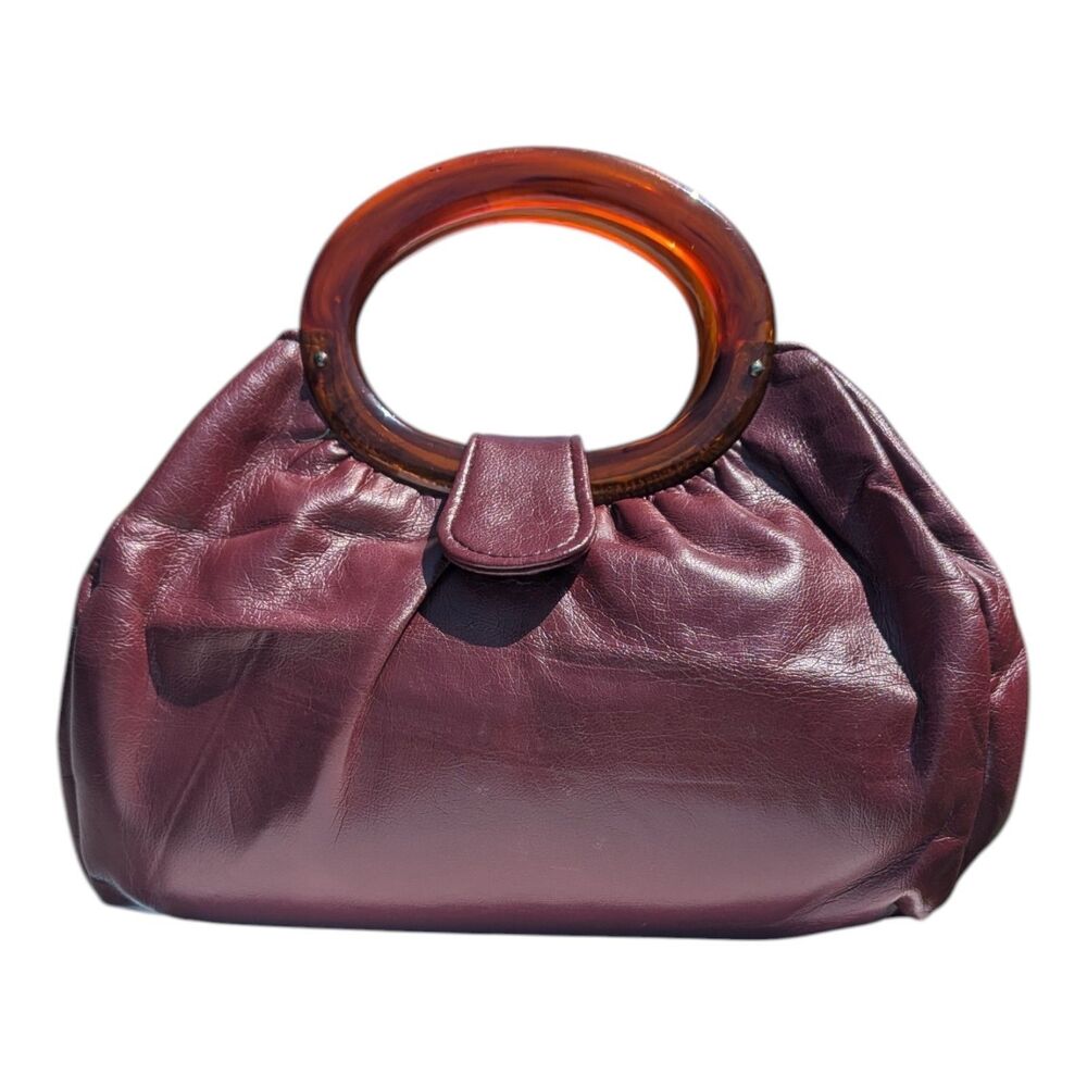 Vintage 70s Slouchy Burgundy Leather Handbag Tortoiseshell Lucite Handle Boho